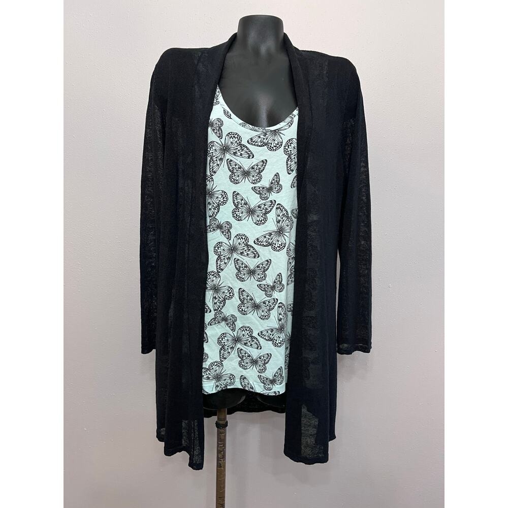 Eileen Fisher Women's Open Front Tight Knit Linen Cotton Cardigan Size L Black‎